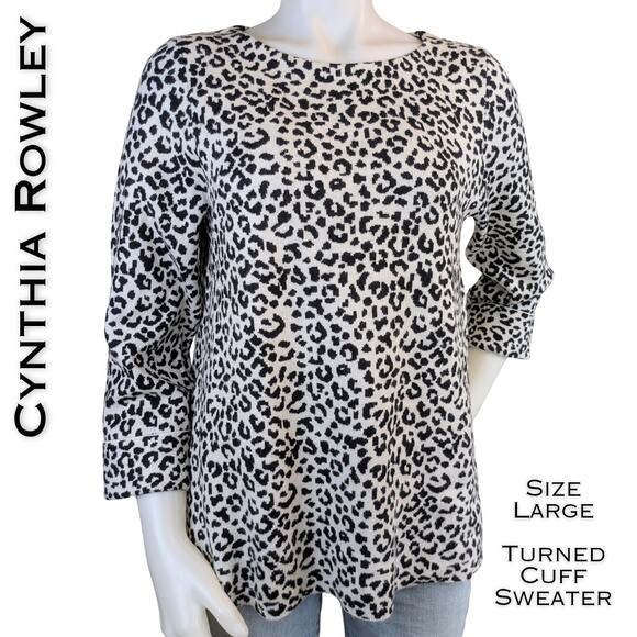 Cynthia Rowley Sweater Large Black Taupe Leopard Print Crew Neck 3/4 Sleeve Soft - Picture 1 of 10